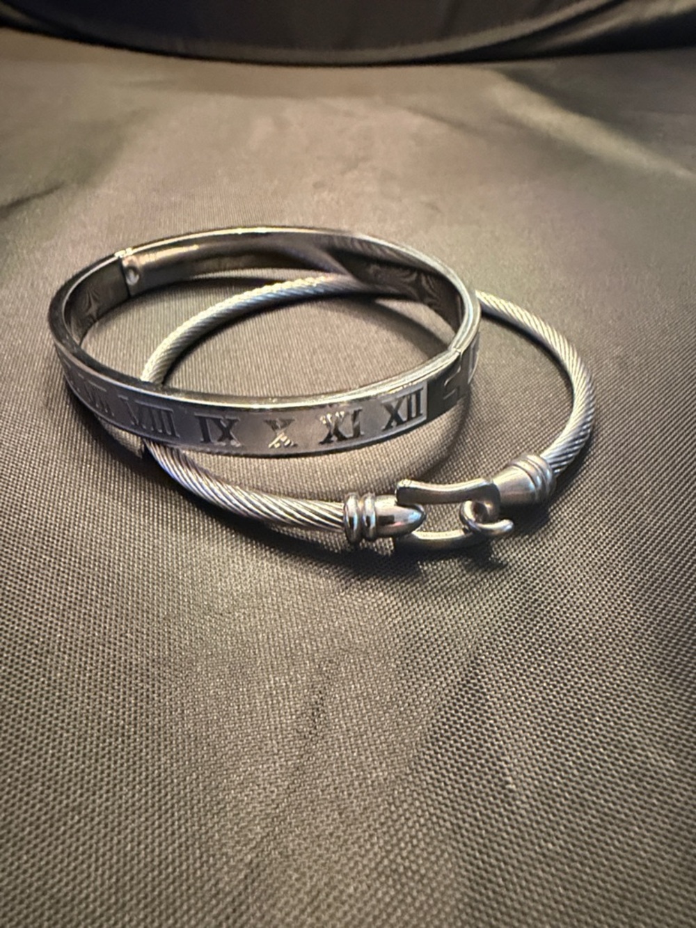 Silver Roman Numeral Bangle & Cable Bracelet Set